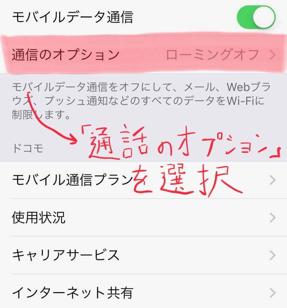 iPhoneのモバイル通信設定画面の画像