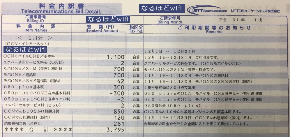 OCNモバイルONEの利用明細